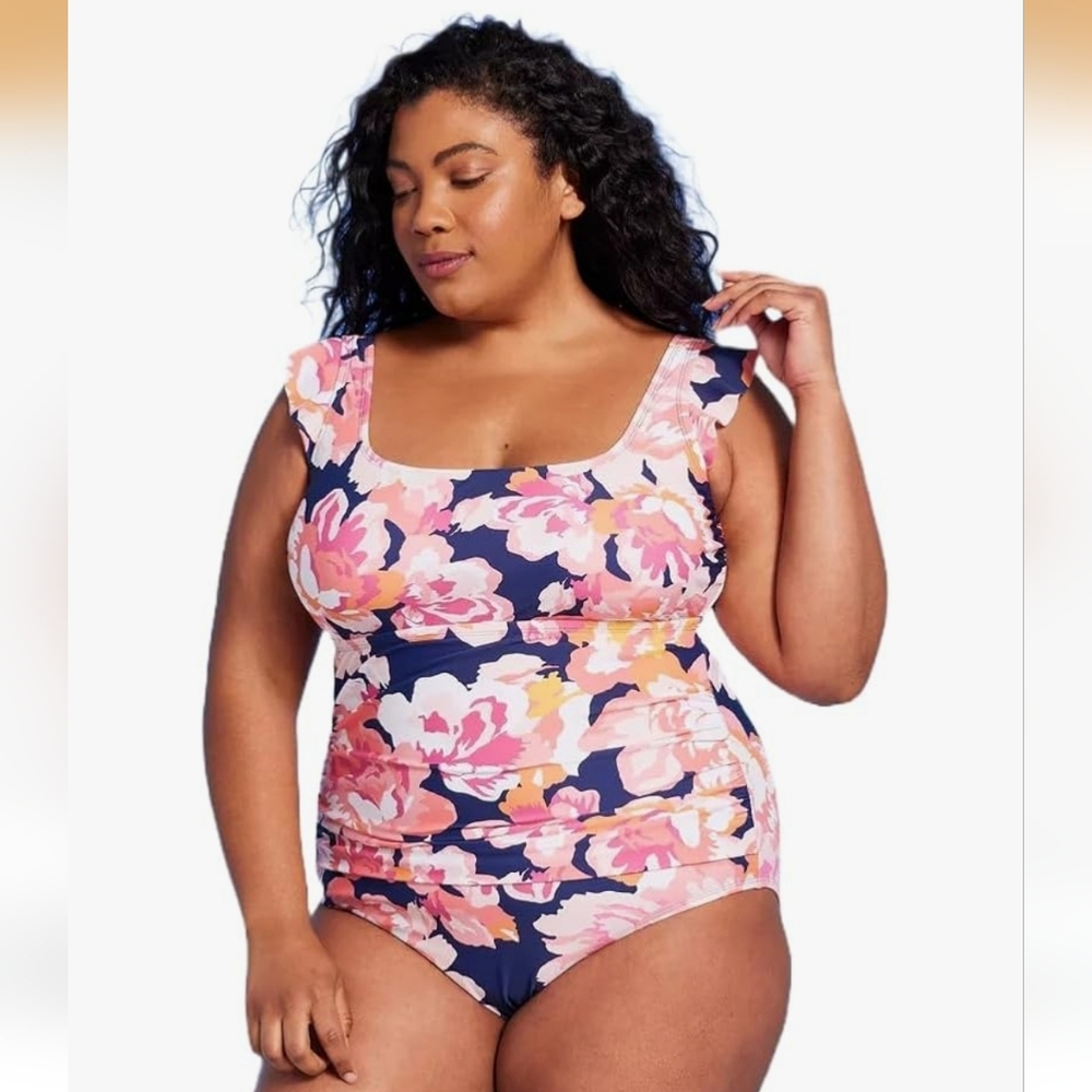 Kona Sol Women's Floral Print Ruffle Sleeve One Piece Swimsuit XL (16) NWT